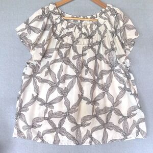 LOFT Womens Black White Bow Print Flutter Sleeve Ruffle Neck Blouse Large